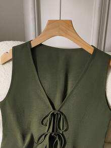 Set de 2 piezas de conjunto informal de mujer de unicolor con nudo, para primavera/verano - Verde Oliva - Ver 6