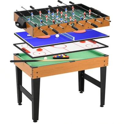 HOMCOM 4-In-1 Multi-Game Table, Game Table With Table Tennis, Foosball, Billiards, Air Hockey, For Multiplayer Fun, Steel, Natural Wood + Black (On Site)