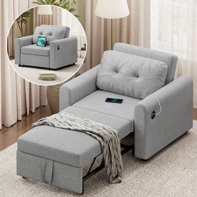 Canapé-lit 3 en 1 avec port USB et Type-C, canapé simple pliable avec coussin moelleux, poches de rangement et réglable, fauteuil convertible 84 x 190 cm
