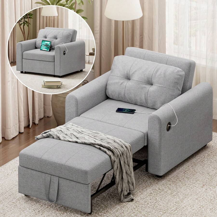 3-In-1 Sleeper Sofa Bed With USB And Type-C, Folding Single Sofa With Soft Cushion, Storage Pockets And Adjustable Backrest, Sofa Bed Chair 84 * 190cm - Light Grey - View 1
