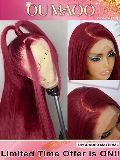 Straight Burgundy 99J Human Blend Hair Blend Wig With Wine Red Color Straight Wig - 200% Density 13x4 Pre-Plucked Glueless Lace Front Wig For Women, Business Casual Style, All Ethnicities, Versatile Hairpiece Pre Bleached Knots & Natural Hairline