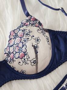 2 piezas Conjunto de lencería semitransparente con bordado floral azul marino sexy para mujer - Multicolor - Ver 3