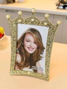 1pc Crown Shaped Photo Frame Inlaid With Faux Pearl And Rhinestone, Holds 3", 6", 7" Photos, Suitable For Room Decor, Home Decor, Halloween Decor (Photo Paper Shipped Randomly) - Silver With Pearls and Rhinestones - View 12