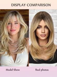16 Inches Clavicle Length Naturally Layered Wig Ombre Brown And Blonde Wigs With Bangs A Unique And Geometric Statement Edgy And Textured Modern Retro Suitable For Daily Party Festival And Cosplay Wear Wigs For Women Hairstyle - Tóc vàng ombre - Xem 2