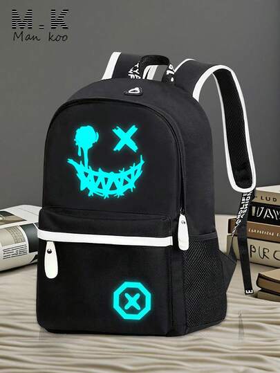 Lightweight Glow-In-The-Dark Pattern Backpack/Shoulder Bag, Nylon Water-Resistant, Large Capacity, Adjustable Strap, Casual & Versatile For School/University, Halloween Gift (All Strap Prints Random)