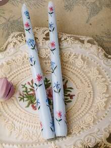 2Pcs Flower Printed Long Stem Candles,Romantic European Style Smokeless Odorless Candles For Weddings, Birthdays,Party,Candlelight Dinner,Home Decoration