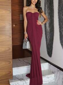 Women's Solid Color Pleated Patchwork Strapless Maxi Dress, Fitted Sexy Elegant Party Gown, Birthday/Evening Wear Wedding Spring - Wine Red - View 3
