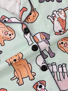 2pcs/Set Girls & Teens Casual Cartoon Puppy Print Lapel Long Sleeve Cardigan And Pants Sleepwear Set, Flame Retardant, All Season