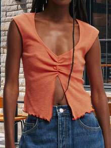 Women Tank Tops V Neck Sleeveless Ruched Slim Fit High Slit Hem Summer Cropped Vest Shirts - Merah jingga - View 4