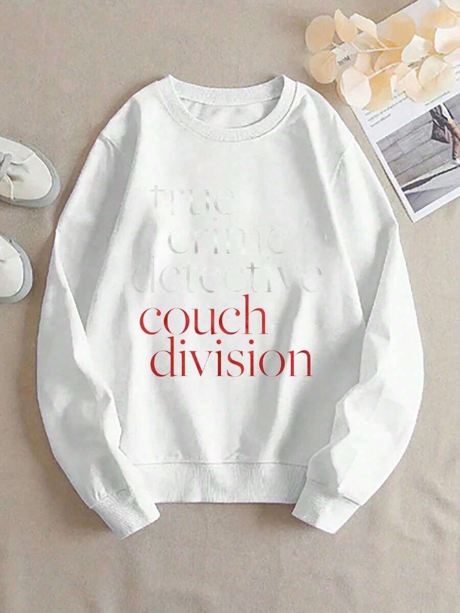 2026 Valentine's DayWomen'S "True Crime Detective Couch Division" Graphic Sweatshirt - Beige Casual Pullover With Geometric Pattern, Regular Fit, All-Season Comfort, Cozy Clothing |     Playful Design |     Stretchy Fabric-Unisex Vintage Cotton Tee Black White - Loose Fit For American Music Festival Camping & Shows Everyday Wear Comfortable Crew Neck Sweatshirt For Everyday WearLoose And Comfortablevalentine Outfits For Women - 白色 - 查看 1