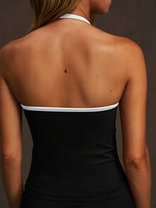 VVX Áo tập yoga phối màu dành cho nữ, cổ yếm, có mút đệm tháo rời, dây đeo chéo, lưng nhún, thích hợp cho tập luyện thể thao, phong cách Y2K, không đường may, mềm mại, mặc hàng ngày ở phòng tập, mọi mùa. - màu đen - Xem 2