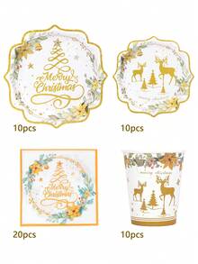 Bộ đồ ăn 10/20/50 chiếc hình tuần lộc Giáng sinh vui vẻ, đĩa giấy hình cây thông Noel hình hươu vàng, đĩa ăn tối thanh lịch 9 inch, đĩa tráng miệng dễ thương 7 inch, cốc uống nước và khăn ăn trang trí, bộ đồ ăn cho tiệc Giáng sinh và trang trí mùa đông - Nhiều màu - Xem 7