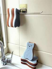 1/2/4pcs Cute Cat Sponge Kitchen Set - Durable And Thick Cleaning Tools For Dishwashing, Household Kitchen Cleaning Scouring Pad, Pot Brush, Pot Wipe, Specially Designed For Pots And Utensils, Anti-Scratch Dishwashing Foam, Multi-Functional Heavy-Duty Kitchen Cleaning Sponge In Cat Shape - Multicolor - View 3