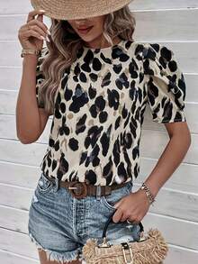 Women's Leopard Print Short Puff Sleeve Fashionable Blouse - Apricot Leopard Print - View 4
