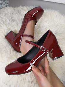 Shiny Patent Leather Thick Heel Round Toe Red High Heels For Women, Fashionable Instep Strap Mary Jane Shoes, Comfortable Indoor/Outdoor Party Pumps Leopard Print Leather Bohemian Style Black High Heel Shoes For Women, Run 1/2 Size Larger