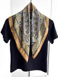 1条方形真丝围巾，女士缎面印花头巾，颈巾，头巾，时尚女士披肩，围巾，旅行必备，沙滩巾 - 黃棕色 - 查看 2