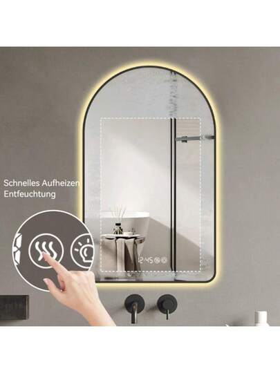 60 120 Cm Arched LED Bathroom Mirror, Time Temperature Display, Backlit, Anti Fog, Dimmable, Three Temperatures Moderne Vanity Ideal Above The Sink, Zwart Frame view 4
