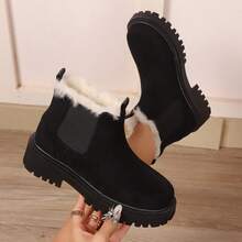 Botas de Tornozelo de Plataforma Versáteis Femininas, Bico Redondo, Estilo Ocidental, Forro Térmico, Zíper Lateral, Quente, Adequado para Férias, Campus, Outdoor no Inverno, Botas de Pele - Preto - Visão 13
