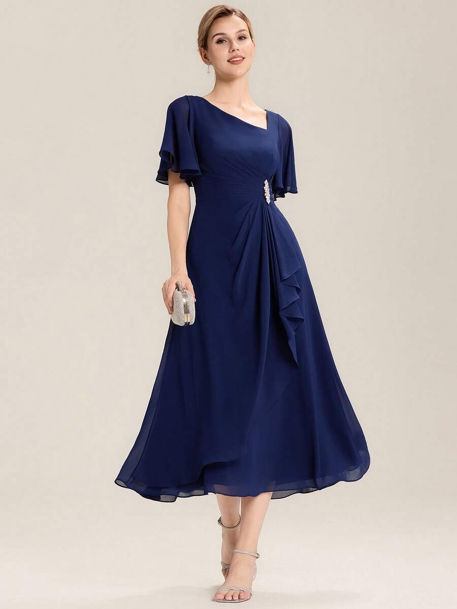 EVERPRETTY Navy Blue Chiffon Bridesmaid Dress With Diamond Decor, Soft Asymmetrical Ruffle Hem, Suitable For Wedding, Formal Dinner
