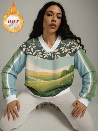 Sudadera de mujer con hombros caídos y estampado de paisaje en tela de punto, escote en V, versátil para todas las estaciones, estampado digital 3D, se puede usar con una chaqueta