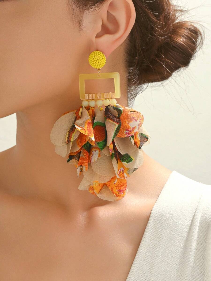 1 Pasang Anting Rumbai Kain Motif Bunga Kuning Buatan Tangan, Perhiasan Modis dan Berlebihan untuk Wanita, Cocok untuk Pesta dan Acara Formal - E2846-Kuning-Campuran - View 1