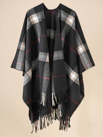 1 pieza Chal con flecos de cuadros cálido y casual, Otoño/Invierno