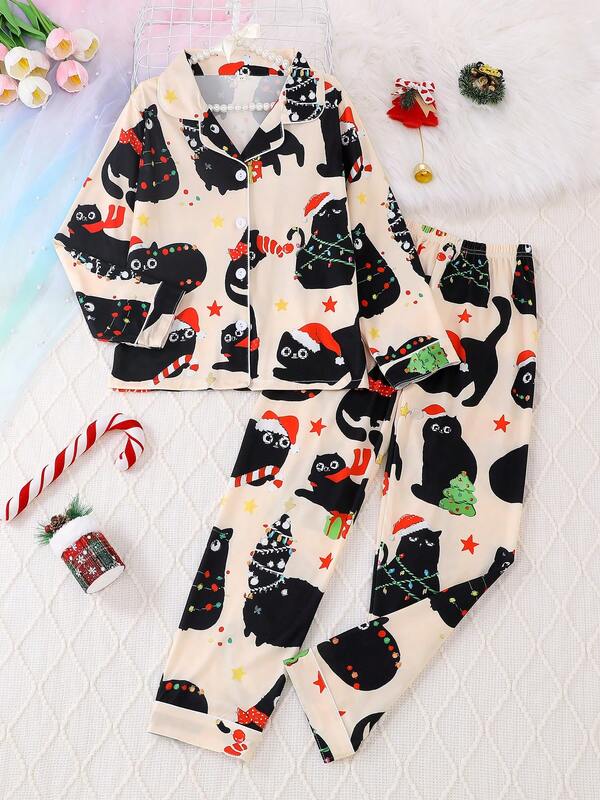 Set de 2 piezas de pijama informal con estampado de gato y animal para niños y adolescentes, con cardigan de manga larga y pantalones, retardante de llamas, adecuado para Navidad y todas las estaciones
