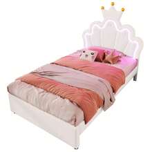 Polsterbett 90x200 cm in Weiß | Prinzessinnen-Kronenbett mit verstellbarem Kopfteil | Ferngesteuertes Ambientelicht & 2 Schubladen | PU-Material ohne Matratze