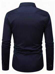 1pc Men's Casual/Business Shirt, Intricate Craftsmanship - Pearl Buttons, Comfortable 100% Polyester Fabric, Meticulously Tailored, Slim Fit - Recommended To Pair With Suit Pants - Navy Blue - View 3