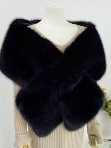 1件装女士多功能高品质仿毛皮领披肩，保暖精致的一体式毛皮围巾，适合搭配婚纱、参加派对、日常穿着 - 黑色 - 查看 2