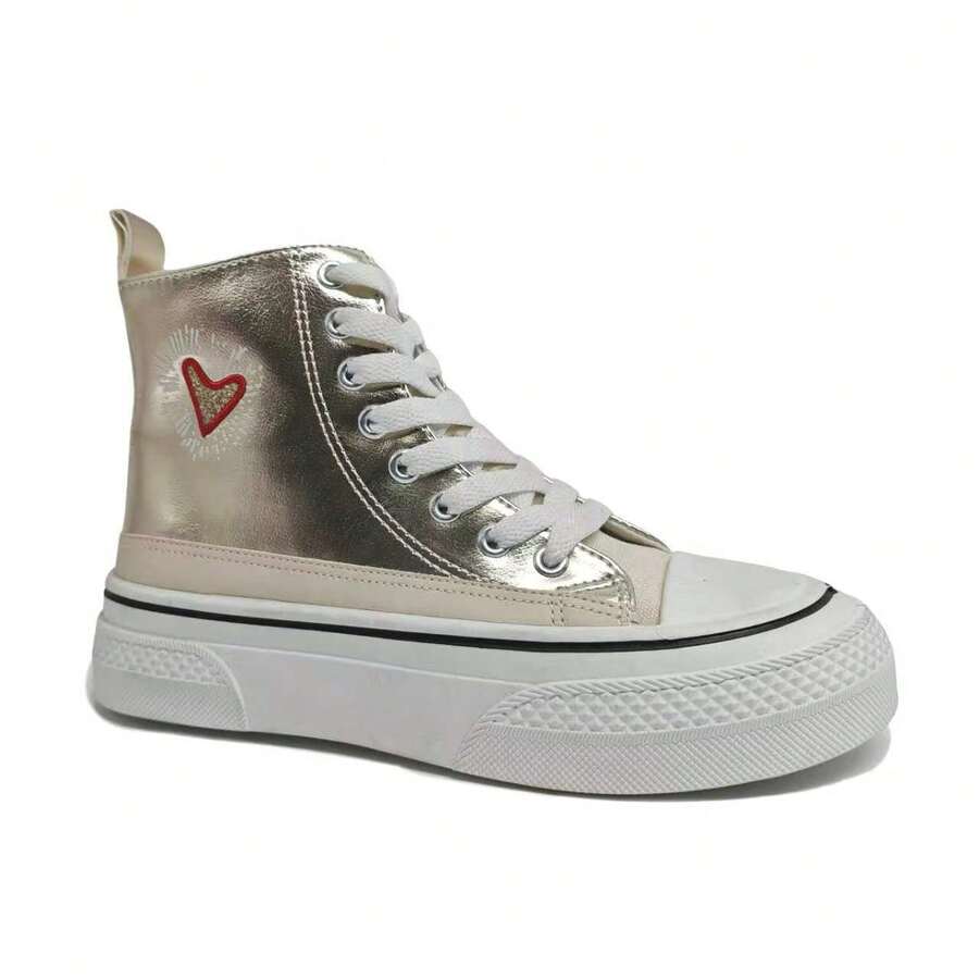 Damskie wygodne trampki casualowe, płaskie, uniwersalne, wytrzymałe, modne buty z płótna ze wzorem w kształcie serca, wysokie, wygodne, codzienne dojazdy do pracy - Złoto - Zobacz 1