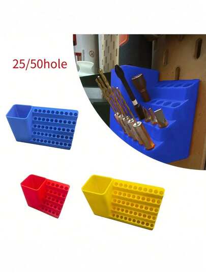 25/50 Hole Multi-Function Tool Organizer Rack With Drill Bit Holder - Durable Plastic Wall-Mounted Tool Storage, Fits 1/4" Hex Bits, Compact & Lightweight Design, Colored Compartments (Blue, Yellow, Red), Home & Workshop Organization, Tool Holder, Sturdy Construction, High-Quality Plastic, Essential For Professional Mechanics & DIY Enthusiasts