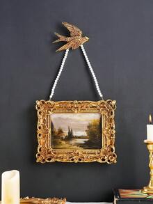 1/3pcs Vintage European Style Gold Floral Pattern Rectangular Decorative Photo Frame Set With Pearl Chain And Golden Swallow Decor, Gold Foil Covered Photo Display Frame, Freestanding Or Wall Mounted, Suitable For Photo Display, Home Decor And Photography Props