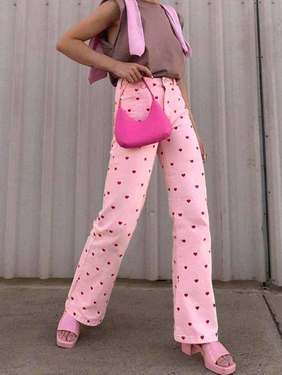 Pantalones de estilo europeo y americano, con elástico, ajustados, con patrón de corazón y piernas estrechas, para niñas