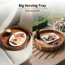 Food Tray,Large Ottoman Tray Round, 20" Extra Large Wooden Serving Tray With Handles, Acacia Wood Decorative Tray Wooden Trays For Living Room Ottoman, Food Serving, Breakfast, Dinner, Appetizers - 20英寸 - 查看 5