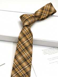 1 件男士黄色格子条纹纹理图案领带，适合学校、场合、约会、婚礼、主持、日常搭配