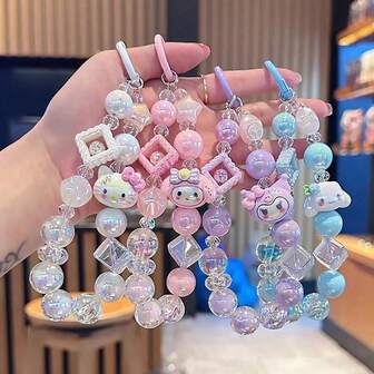  1pc Sanrio Kawaii Hello Kitty, Cinnamoroll, My Melody, Kuromi Beaded Phone Charm, Anime Cartoon Keychain Decor, Phone Case Accessory, Gift (Some Parts May Be Random)