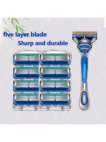 豪华男士安全剃须刀套装，配备多个超锋利刀片 - 符合人体工程学设计，轻松剃须 - 5 层不锈钢剃须刀头 - 耐用、可更换的胡须和胡须修饰工具，带金属手柄 - 黑色 - 查看 6