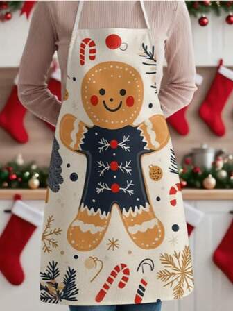 1 pieza Delantal con diseño de hombre de jengibre navideño - Delantal navideño lindo con diseño de galleta de jengibre, patrón de glaseado (acebo, bastón de caramelo), adecuado para cocinar, fiestas navideñas - Delantal babero navideño