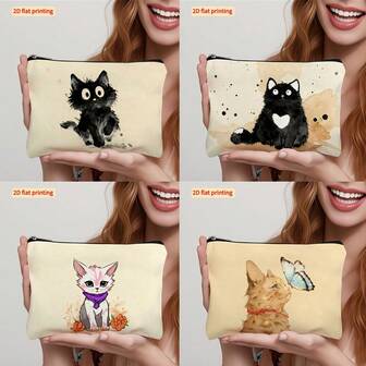 1pc Double-Sided Cute Cat & Butterfly Flower Pattern Printed Coin Purse Cosmetic Bag - Stationery Pencil Case - Lipstick Bag - Zipper Pouch, Gift For Sisters, Student Pencil Box, Cosmetic Bag, Zipper Pouch, Pencil Case Travel Bag - Multifunctional Bag - Gift For Friends, School Supplies, Fun Pattern, Playful Aesthetics, Compact Organizer, Cosmetic Bag, Daily Necessities, Backpack Accessory, Toiletry Bag, Female Friends