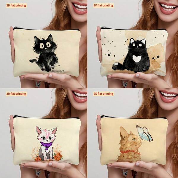 1 pezzo Portamonete/Pochette cosmetica stampata con motivo a farfalle e gatti, custodia per matite, porta rossetto, borsa con cerniera - Regalo per sorelle, astuccio per studenti, borsa cosmetica, astuccio con cerniera, borsa da viaggio - Borsa multifunzione - Regalo per amici, forniture scolastiche, motivo divertente, estetica giocosa, organizer compatto, borsa cosmetica, articoli di uso quotidiano, accessorio per zaino, borsa da toilette, per amiche