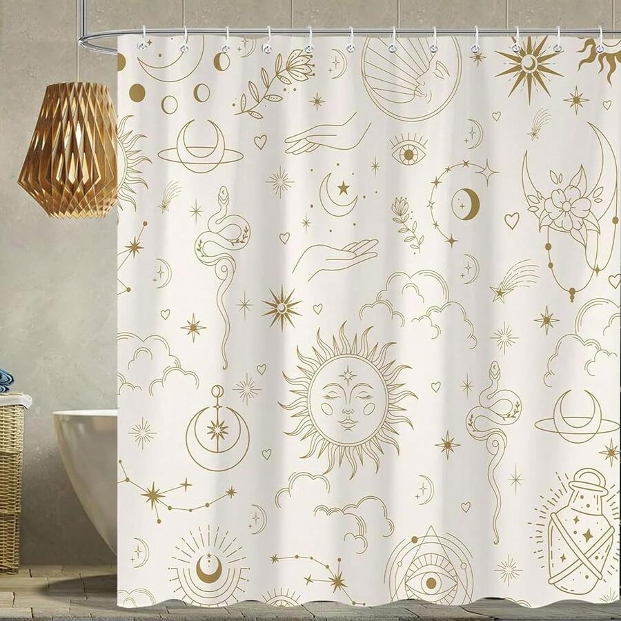 Celestial Shower Curtain, Modern Sun Moon Stars Mysterious Constellation Bath Curtains For Bathroom, Boho Astrology Crescent Beige Decor Waterproof Fabric Shower Curtain Sets 12 Hooks 72X72 IN{Inchcolor_nameinch:InchBeigeinch,Inchsize_nameinch:Inch72\InchWx72\InchL(Packof1)Inch} - 米色 - 查看 1