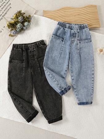 2pcs Girls Casual Y2K Vintage Distressed Denim Tapered Jeans With Pockets, Suitable For Everyday, Outdoor, Back To School, Commute, Social Gatherings, Spring/Summer/Autumn/Winter