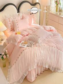 3pcs Korean Princess Style Lace Bedding Set, Whitebowknotw Decor Duvet Cover And Pillow Shams - Pink - View 5