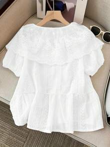 Women's Patchwork Embroidered Peter Pan Collar Mesh Puff Sleeve Single-Breasted Autumn Blouse - White - View 2