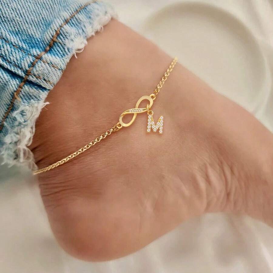 1件新款时尚无限符号金色不锈钢链脚链，女士