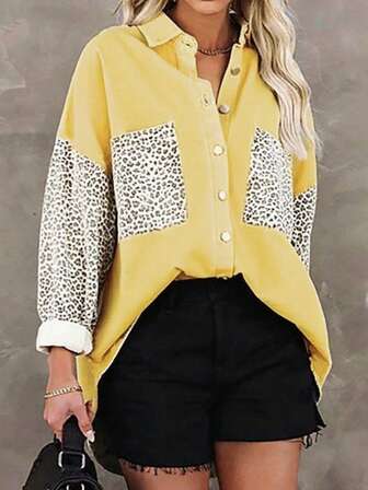 Chic Plus Size Long Sleeve Button Up Blouse With Shirt Collar Leopard Patchwork And Regular Length Asymmetrical Fit