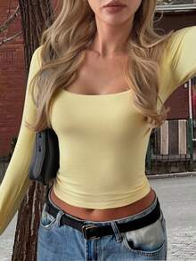 Vaiaye Damen Einfarbiger Gestrickter Langarm-Pullover, Slim Fit Kurzes T-Shirt, Geeignet für Lässig-Wear und Urlaub