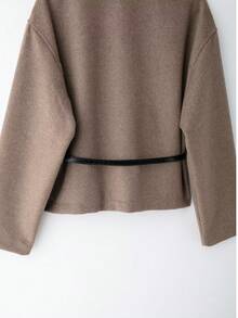 ZEVITY Women Vintage Cross V Neck Solid Color Cardigan Belt Design Casual Woolen Coat Long Sleeve Elegant Streetwear Autumn Winter Jacket Tops CT1312 - Bronze - View 6