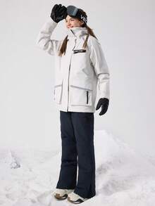 VECTOR MOTION 撞色连帽滑雪服，男女通用，加厚，耐磨，弹力轻盈抓绒面料，适合单板/双板滑雪，白色冬季运动 - 白色 - 查看 8